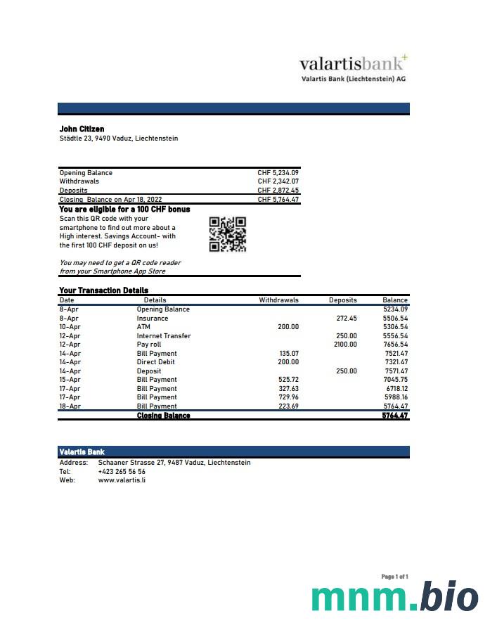 Szablon wyciągu bankowego Liechtenstein Valartis w formacie Word i PDF